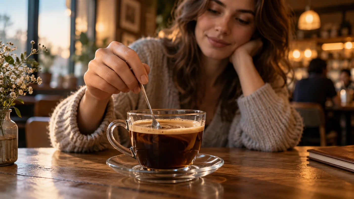 A woman stirs coffee with a spoon in a café