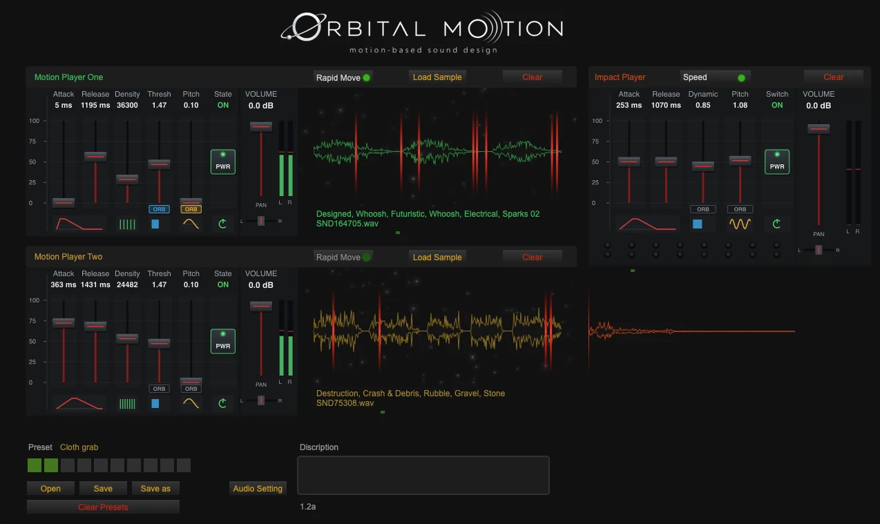 Orbital Motion interface with two Motion Players, waveforms, and an Impact Player