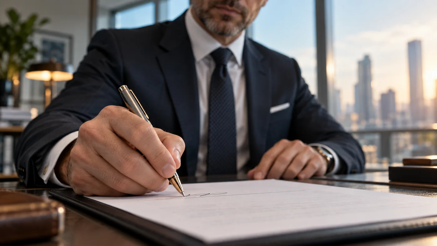 Close-up of a ballpoint pen signing a document