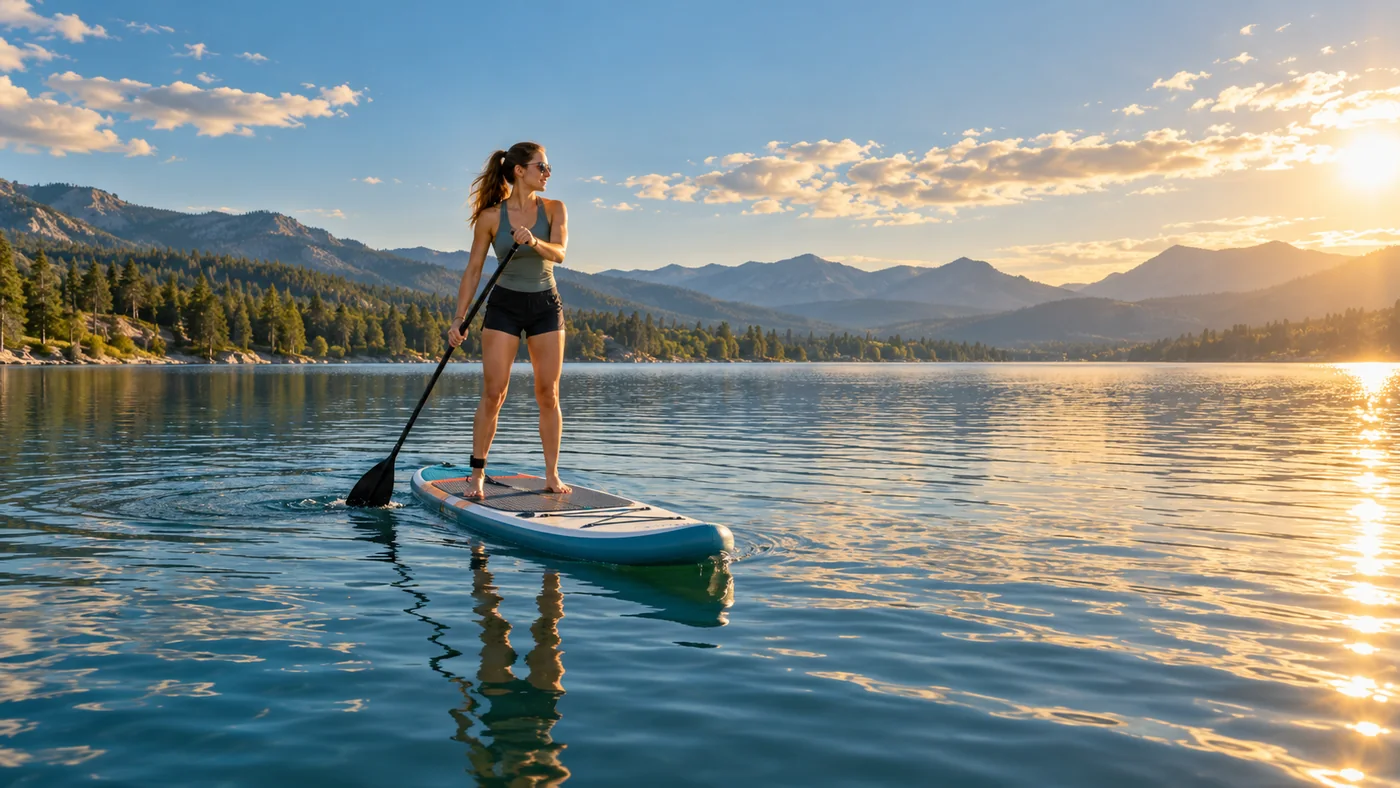 A woman paddleboards across a sunlit lake